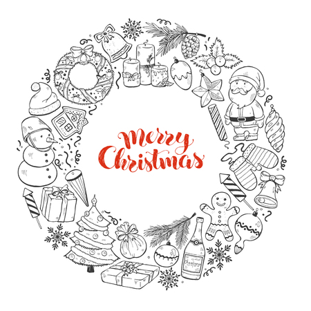 Hand drawn Merry Christmas doodle objects in circle composition around text.のイラスト素材