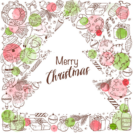 Hand drawn Merry Christmas doodle composition with watercolor circles. illustration of New year symbols  isolated on white background. Happy holidays.のイラスト素材