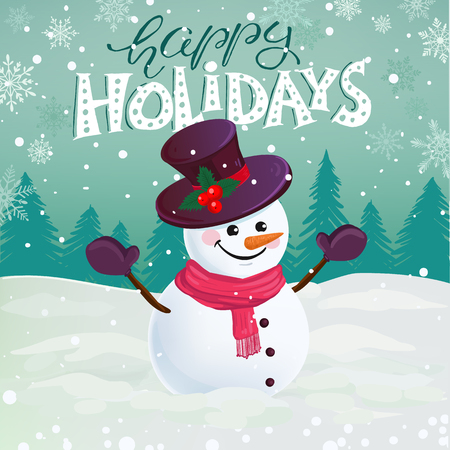 Funny snowman in hat, scarf and mittens on snowy background with holiday lettering.のイラスト素材