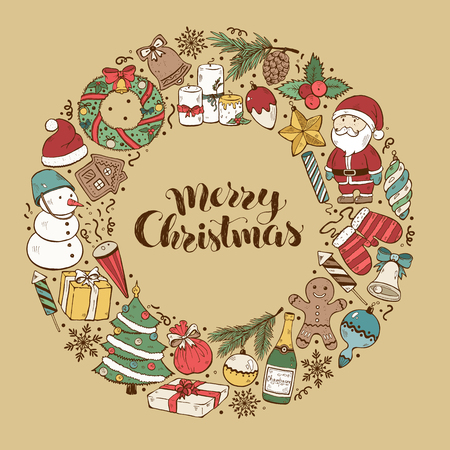 Hand drawn Merry Christmas doodle objects in circle composition around text.  illustration of New year symbols  on gold background. Happy holidays.のイラスト素材