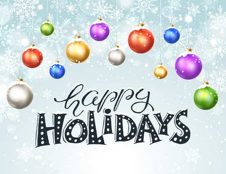 Happy holidays greeting card. Colorful and bright Merry Christmas balls with snowflakes on blue background. New Year vector illustration. Modern calligraphy.Horisontal composition from Christmas ballsのイラスト素材