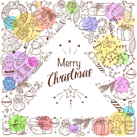 Hand drawn Merry Christmas doodle composition with watercolor circles.illustration of New year symbols  isolated on white background. Happy holidays.のイラスト素材