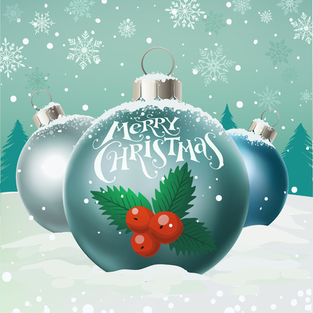 Three Christmas balls with holly beryy  on snowy background with holiday lettering.のイラスト素材