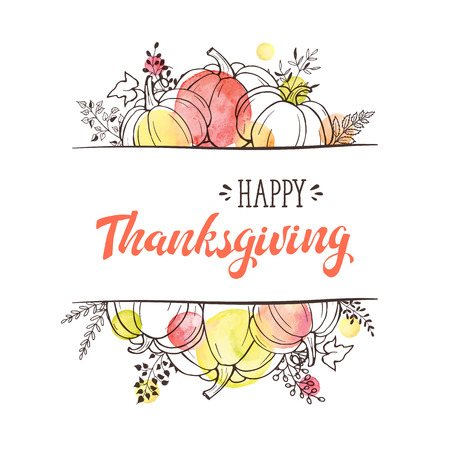 Happy Thanksgiving greeting card template. Autumn composition with hand drawn  pumkins and watercolor circles on white background. Thanksgiving banner.のイラスト素材