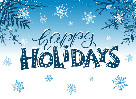 Happy holidays postcard template. Modern New Year lettering with snowflakes and branches on blue background. Christmas card concept.のイラスト素材