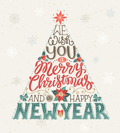 Hand drawn Christmas tree lettering. We wish you a Merry Christmas and a happy New Year greeting card. Vector illustration.のイラスト素材