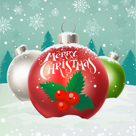 Three Christmas balls with holly beryy  on snowy background with holiday lettering.のイラスト素材
