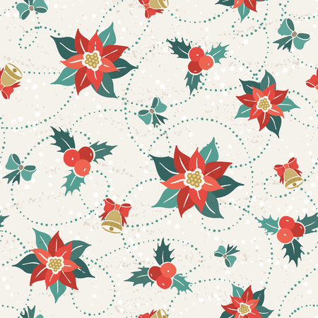 Christmas seamless pattern with poinsettia, holly berry and bows. Festive botanical tiled bakcground. Vector illustration.のイラスト素材
