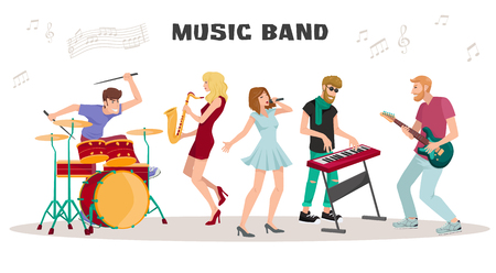 Musicians and Musical Instruments. Artists Performing On Stage. Flat Vector Illustration. Cartoon Characters singing and playing on drums and saxophone, piano and guitar.のイラスト素材