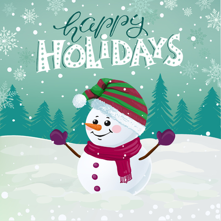 Funny snowman in hat, scarf and mittens on snowy background with holiday lettering.のイラスト素材