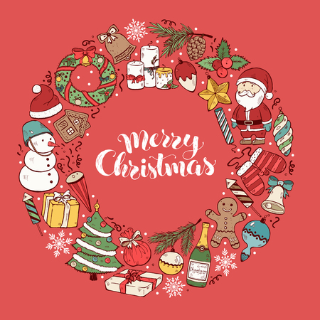 Hand drawn Merry Christmas doodle objects in circle composition around text. illustration of New year symbols  on red background. Happy holidays.のイラスト素材