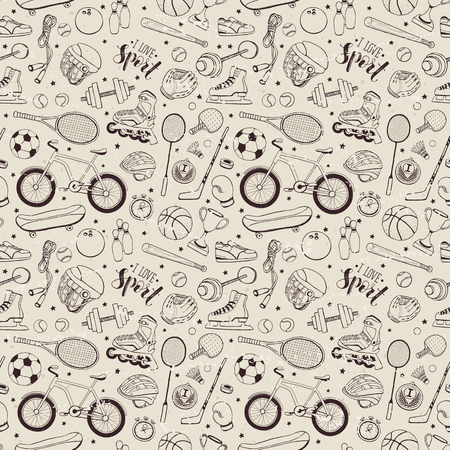 Seamless pattern from sport equipment in doodle style. Vector illustration. Hand drawn sport accessories on vintage background.のイラスト素材