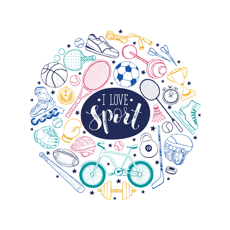 Poster from sport equipment in doodle style. Vector illustration. Hand drawn sport accessories in circle composition isolated on white background.のイラスト素材