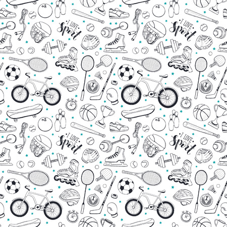 Seamless pattern from sport equipment in doodle style. illustration. Hand drawn sport accessories on white background.のイラスト素材