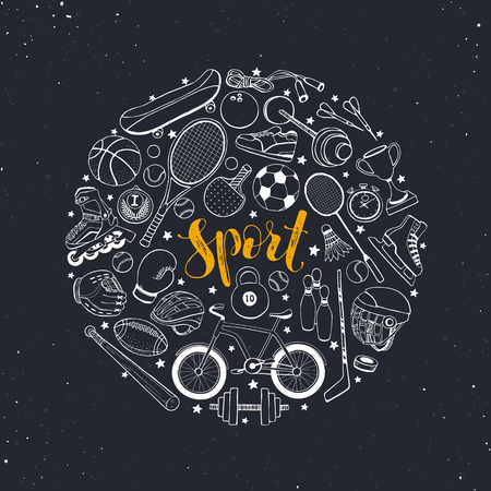 Poster from sport equipment in doodle style. Vector illustration. Hand drawn sport accessories in circle composition on blackboard.のイラスト素材