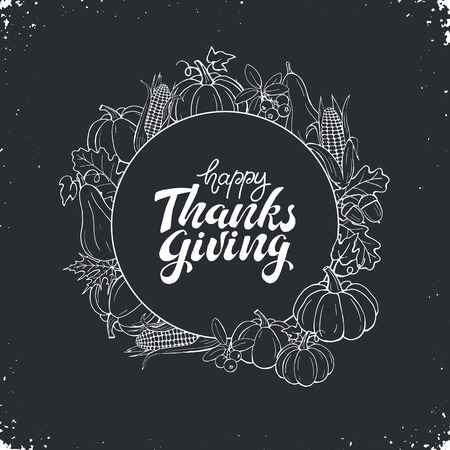 Happy thanksgiving day greeting card in sketch style. Thanksgiving poster with autumn vegetables on blackboard.のイラスト素材