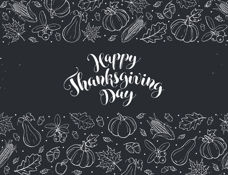 Happy Thanksgiving greeting card template. Autumn composition with hand drablackboard. Thanksgiving banner.のイラスト素材