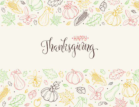 Happy Thanksgiving greeting card template. Autumn composition with hand drawn pumkins on light background. Thanksgiving banner.のイラスト素材