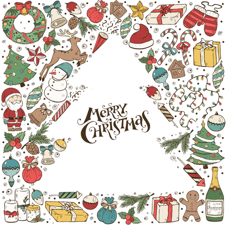Hand drawn Merry Christmas doodle composition around text. illustration of New year symbols  isolated on white background. Happy holidays.のイラスト素材