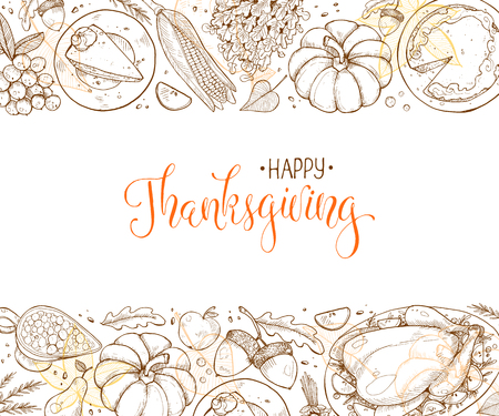 Happy thanksgiving day greeting card template. Thanksgiving poster with roasted turkey, pumpkin pie and aconrs sketches. Horizontal composition with text.のイラスト素材