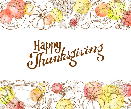 Happy thanksgiving day greeting card template. Thanksgiving poster with roasted turkey, pumpkin pie and aconrs sketches. Horizontal composition with text.のイラスト素材