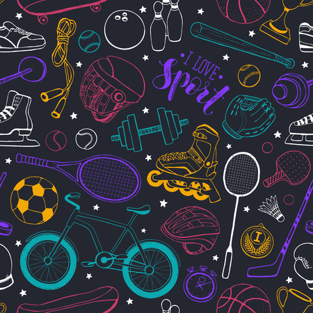 Seamless pattern from sport equipment in doodle style.illustration. Hand drawn sport accessories on blackboard.のイラスト素材