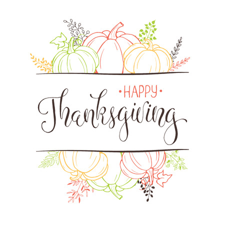 Happy Thanksgiving greeting card template. Autumn composition with hand drawn pumkins isolated on white background. Thanksgiving banner.のイラスト素材