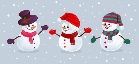 Funny snowmen in hats, scarfs and mittens on snowy background.  Merry Christmas vector illustration.のイラスト素材
