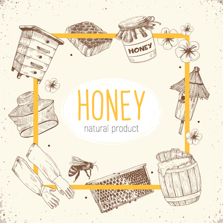 Hand drawn apiary objects arranged in square frame composition. Beekeeping inventory in sketch style. Vector Illustration.のイラスト素材