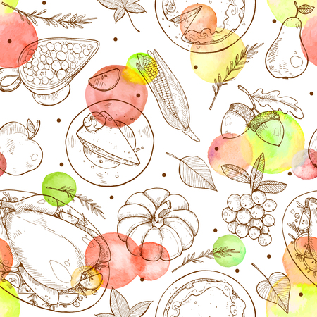Happy thanksgiving day seamless pattern. Thanksgiving tiled background with roasted turkey, pumpkin pie and aconrs sketches.のイラスト素材