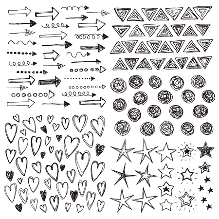 Hand drawn collection of abstract arrows, stars, hearts and triangles. Doodle style elements vector illustration isolated on white background.のイラスト素材