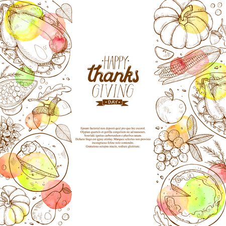 Happy thanksgiving day greeting card template. Thanksgiving poster with roasted turkey, pumpkin pie and aconrs sketches. Vertical composition with text.のイラスト素材