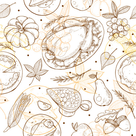 Happy thanksgiving day seamless pattern. Thanksgiving tiled background with roasted turkey, pumpkin pie and aconrs sketches.のイラスト素材