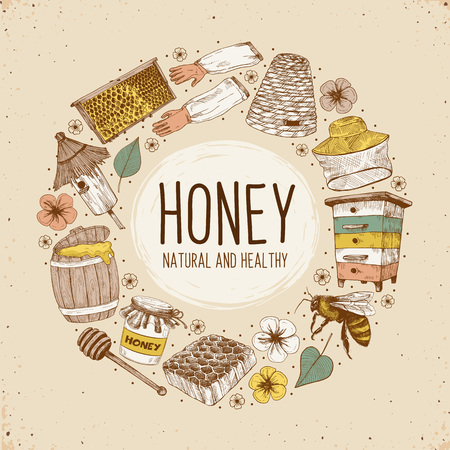 Hand drawn apiary objects arranged in circle composition. Beekeeping inventory in sketch style. Vector Illustration.のイラスト素材