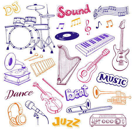Hand drawn musical instruments isolated on white background. Doodle music elements vector illustration. Musical equipments in sketch style.のイラスト素材