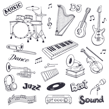 Hand drawn musical instruments isolated on white background. Doodle music elements vector illustration. Musical equipments in sketch style.のイラスト素材