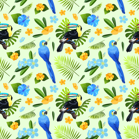 Exotic flowers, leaves and birds seamless pattern. Colorful toucan and parrot ara in tropical foliage tiled background. Vector illustration.のイラスト素材