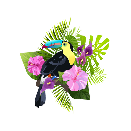 Exotic bird vector illustration isolated on white background. Colorful toucan in tropical foliage with flowers composition.のイラスト素材