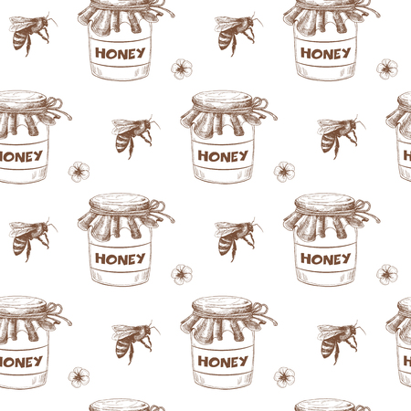 Hand drawn apiary seamless pattern. Bees and honey jars in sketch style. Vector Illustration.のイラスト素材