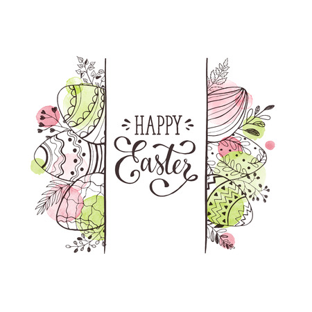 Happy Easter greeting card with watercolor spots on background. Easter eggs composition hand drawn black on white. Decorative horizontal frame from eggs with leaves and calligraphic wording.のイラスト素材
