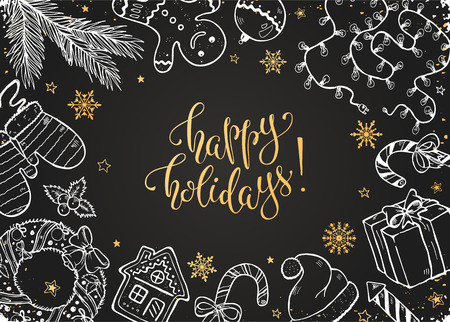 Merry Christmas composition in doodle style on black background. Vector illustration of xmas traditional symbols. Gingerbread, Christmas tree, garland and wreath design elements. Happy holidays.のイラスト素材