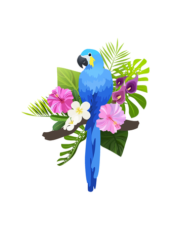 Exotic bird vector illustration isolated on white background. Colorful parrot ara in tropical foliage and flowers composition.のイラスト素材