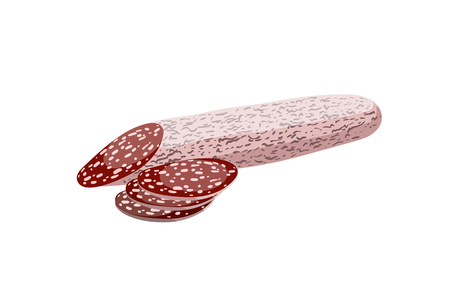 Fresh and prepared pork kielbasa. Sliced sausage icon.  Realistic meat product vector illustration isolated on white background.のイラスト素材