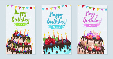 Bright birthday cakes vector illustration. Gift card design template. Happy birthday greeting card in vertical format.のイラスト素材
