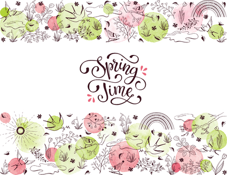 Hand drawn spring objects frame. Collection of spring accessories in circle shape isolated on white background. Happy spring greeting card.のイラスト素材