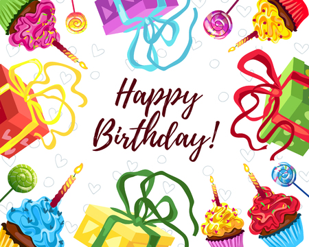 Bright birthday cake, gifts and cupcake vector illustration. Gift card design template. Happy birthday greeting cad with candies and present on white background.のイラスト素材