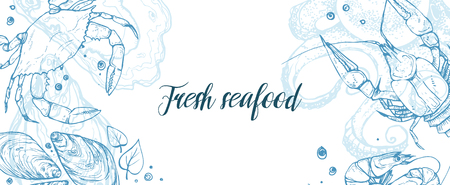 Hand drawn seafood horizontal banner template. Seafood sketches in horizontal composition.  Vector illustration for restaurant menu designs etc.のイラスト素材