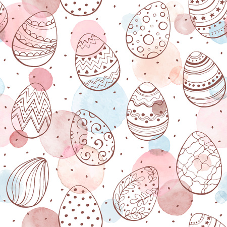 Easter background with eggs hand drawn black on white background. Decorative Esater eggs seamless pattern in pastel colors. Easter eggs with ornaments and watercolor dots.のイラスト素材