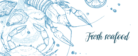 Hand drawn seafood horizontal banner template. Seafood sketches in horizontal composition.  Vector illustration for restaurant menu designs etc.のイラスト素材