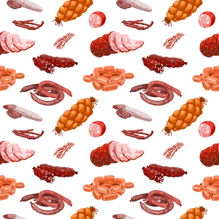 Meat and sausages seamless pattern.  Beef, pork, chorizo and salami tiled background for shops and market designs. Realistic vector illustration.のイラスト素材
